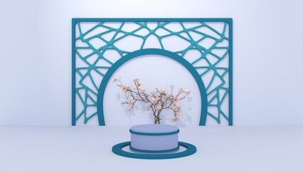 Fototapeta premium 3D Render : Scene with 3D Abstract geometry shape background. podium platform mock up scene for display your product or object. Light Blue and green with flower color theme