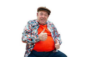 Happy old comedian shows thumb up.
