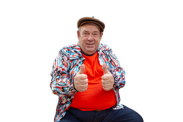 Happy old comedian shows thumb up.