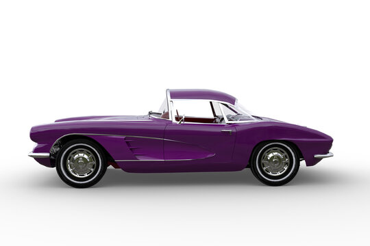 Vintage retro two seater roadster sports car with purple paintwork. 3D rendering isolated on white background.