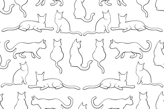 Seamless black and white outline cat pattern. Cats with black thin line art on black background. Seamless cats repeating pattern.
