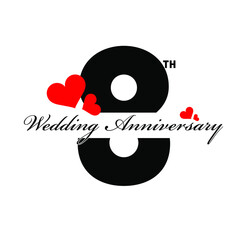 8rd Wedding Anniversary greeting with red hearts illustration. Happy Wedding Anniversary post.