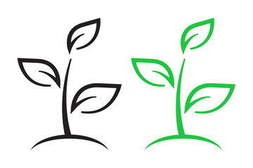 Leaves outline, line art icons. Leaves on branch black and white, green illustrations. Ecology, nature care, health, spa and beauty icon.