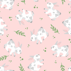 Fototapeta premium Happy Easter bunny vector seamless pattern. Spring background with rabbits or hares for textile, wallpaper or print design. Flat cartoon texture Illustration