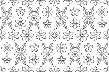 Black and white flowers seamless pattern. Repeating outline flowers with black thin line.