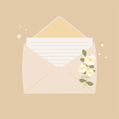 An envelope with a letter inside and flowers.