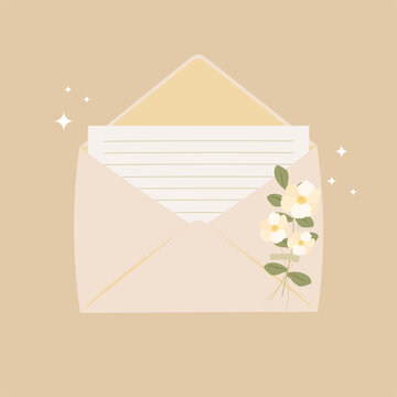 An envelope with a letter inside and flowers.