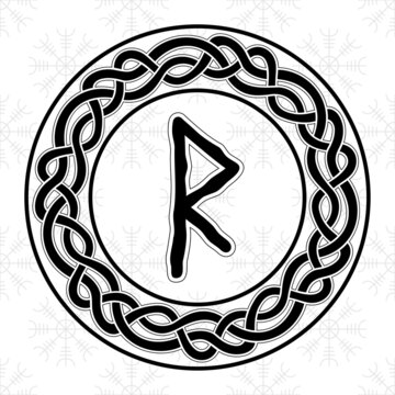 Rune Raido in a circle - an ancient Scandinavian symbol or sign, amulet. Viking writing. Hand drawn outline vector illustration for websites, games, engraving and print.