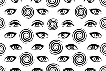 Woman eyes with swirls and twirls seamless pattern. Abstract hypnosis repeating pattern. Girl and woman eyes illusion black and white pattern. 