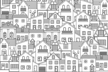 Outline houses background pattern illustration. Black outline, line art houses, city illustration wallpaper.