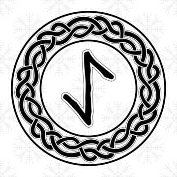 Rune Eihwaz in a circle - an ancient Scandinavian symbol or sign, amulet. Viking writing. Hand drawn outline vector illustration for websites, games, engraving and print.