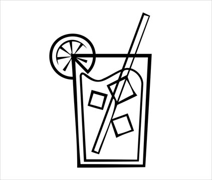 recommend clip art: Glass with juice icon in black and white color. Drink icon with stick, lemon and ice cubes.