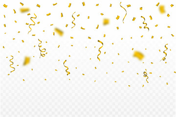 Confetti vector illustration for the carnival background. Golden party tinsel and confetti falling. Golden confetti isolated on transparent background. Festival elements. Birthday celebration.