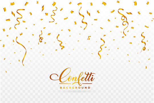 Confetti vector for the carnival background. Golden party ribbon and confetti falling. Golden confetti isolated on transparent background. Festival elements. Birthday party celebration.