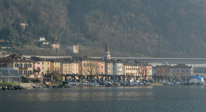 Panoramica di Bissone sul lago di Lugano in Canton Ticino, Svizzera.