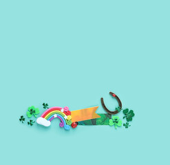 toy rainbow, clover leaves, horseshoe for good luck, ladybug on abstract green background. symbol...