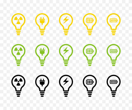 Light bulb vector outline icon set. Alternative energy concept.  Yellow, green and black.