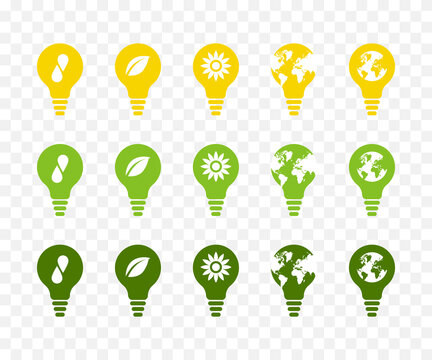 Light bulb vector icon set. Clean energy concept.  Yellow, light green and dark green.