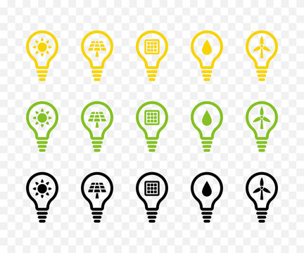 Light bulb vector outline icon set. Renewable, sustainable energy concept.  Yellow, green and black.