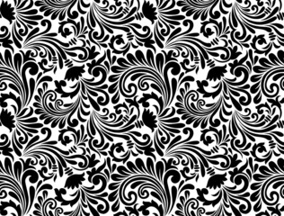 Seamless black background with white pattern in baroque style. Vector retro illustration. Ideal for printing on fabric or paper.