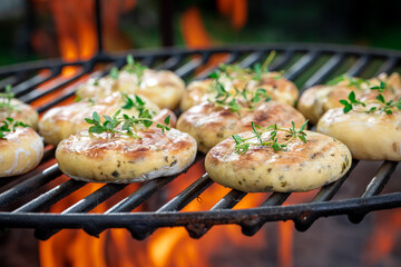 Tasty grilled halloumi cheese on grill grate with fire.