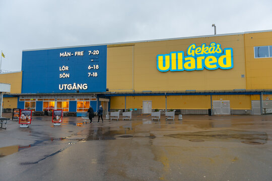 Ullared, Sweden - February 19 2022: Main entrance of Gek&aring;s Ullared warehouse.
