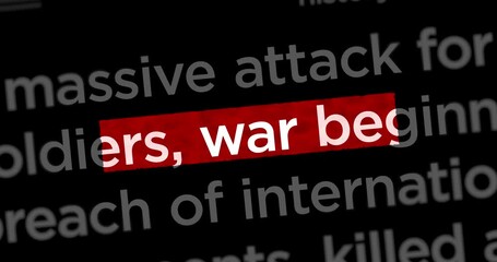News titles across international web media with war outbreak and military attack search. Abstract concept of internet headline information on dynamic displays animation.