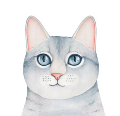 Cute little cat portrait with gray fur and big beautiful eyes. Front view, looking at camera. Hand painted watercolor sketch on white background, cut out clip art element for design, t-shirt, label.