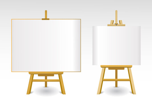 realistic easels with blank white board, isolated wooden brown easel with blank horizontal canvas. eps format
