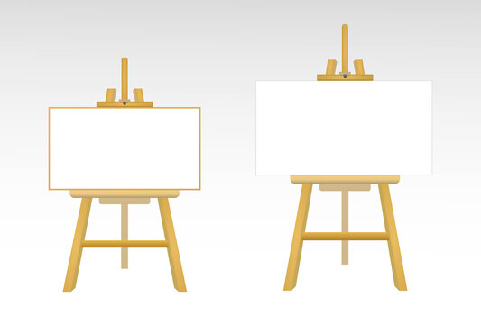 realistic easels with blank white board, isolated wooden brown easel with blank horizontal canvas. eps format
