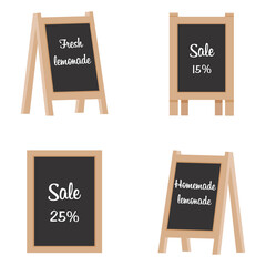 Black flat chalk board. Empty bulletin board, menus, inscriptions, a blackboard for teaching. Clean the chalkboard near a pub, cafe, outdoor restaurant or school. Board for the menu on the street.