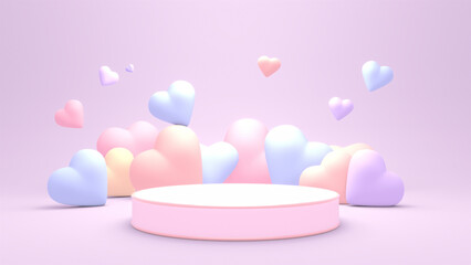 3d rendered podium with colorful pastel hearts.