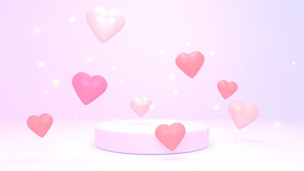 3d rendered podium with floating hearts and glowing stars.