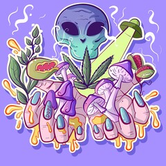 Doodle artwork with psychedelic and trippy elements like mushrooms, aliens, UFOs and marijuana. Hands holding LSD and hallucinations. Sticker vector with funky and surreal elements.