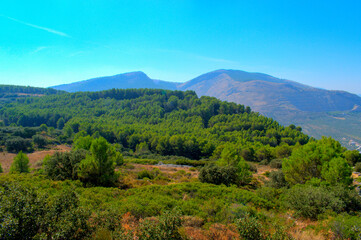 Obraz premium Grassy mountain with crolling clouds and blue sky.