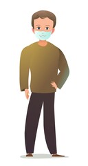 Handsome little boy in mask. Cheerful middle aged teen. Cheerful person. Standing pose. Cartoon comic flat design. Single character. Illustration isolated on white background. Vector