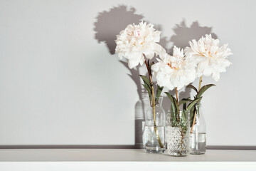 Elegant white peonies flowers arrangement on table wall background, trendy shadows