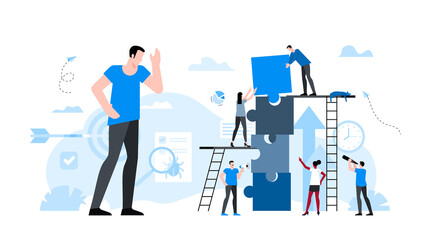 Manager looks at the poor-quality work of subordinates. Animation ready duik friendly vector Illustration. Conceptual business story. Puzzle connection, teamwork abstract metaphor, partnership.