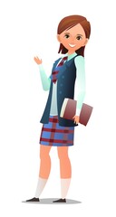 Pretty little girl student. Cheerful schoolgirl in plaid skirt. Standing pose. Cartoon flat design in comic style. Single character. Illustration isolated on white background. Vector