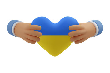 3d icon hands with Ukrainian colors heart. Vector render illustration, arms holding Ukraine flag. No war concept