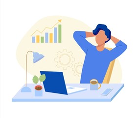 Relaxed man after productive work sits in the office with a laptop