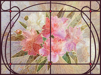 Stained glass flowers. Red peonies on a beige background. Art Nouveau lattice painting