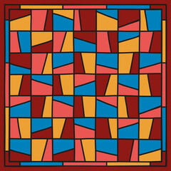 Geometric stained glass background. The mosaic background is bright. Burgundy, yellow and blue colors