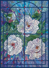 Stained glass flowers. White peonies on a blue background. Vertical glass picture in an openwork lattice. - obrazy, fototapety, plakaty