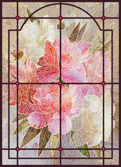 Stained glass flowers. Red peonies on a beige background. Vertical Art Nouveau Lattice Painting