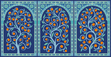Oriental decorative background. Triptych orange trees. Curly branches with leaves and fruits