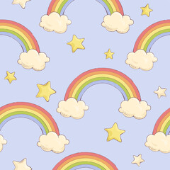 Seamless background with hand drawn rainbow and clouds. Flat design texture with rainbow and stars in the sky. Cute baby vector illustration.