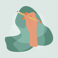 Hand with pencil. Vector illustration of hands with art supply. Hand drawn style. Concept of handmade workshop, art school or shop. Artist lifestyle, art shop, painting tutorial. Hand, palm, nail