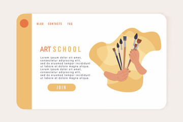 Woman hands holding bunch of paintbrushes landing page or web banner. Art school or shop concept. Creativity and handcraft concept. Vector illustration.