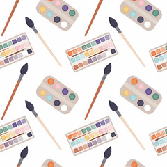 Background with creativity supplies for an artist. Seamless vector pattern for handmade workshop, art school, studio or shop. Ready for wrapping paper, decoration, textile, scrapbooking.